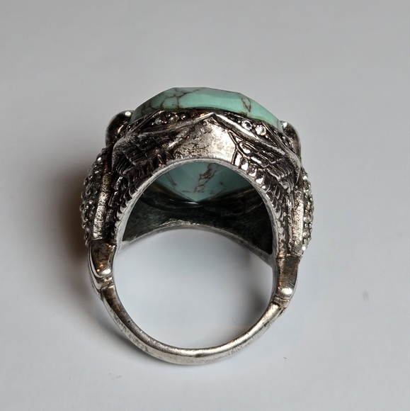 Fossil Chunky Statement Silver Tone Rhinestone Birds Turquoise Color Ring Sz 8 - Picture 4 of 12